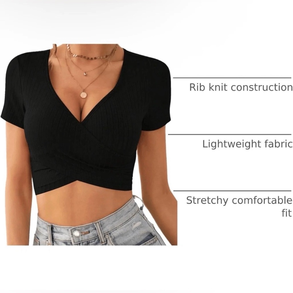 Halara Ribbed Elegant Black V-Neck Wrap Top NWT - Picture 4 of 6